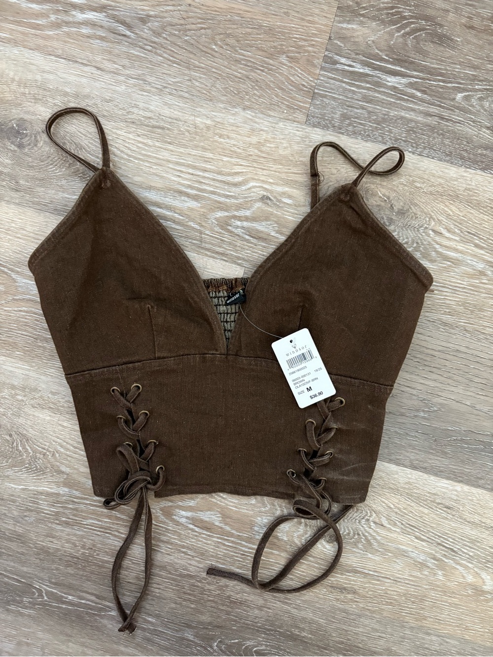 Brown Lace-Up Crop denim Top - M
